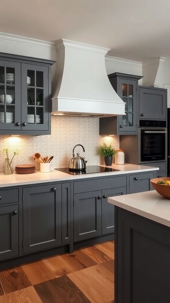 A modern kitchen featuring slate grey cabinets and white countertops.