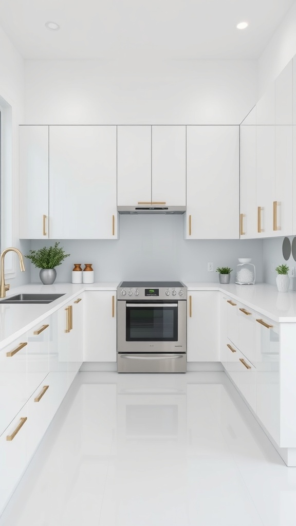 Modern minimalist kitchen with white cabinets and gold handles.