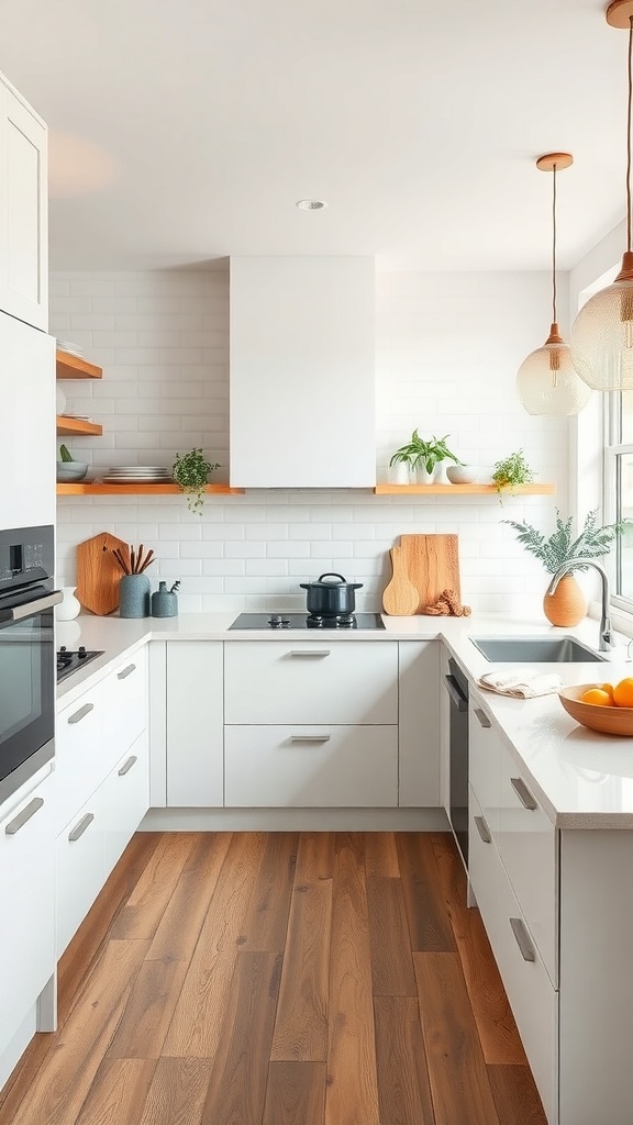 A sleek, modern kitchen featuring white cabinets, wooden shelves, and warm flooring.
