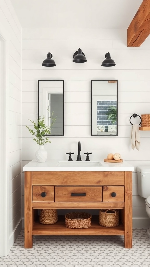 A stylish farmhouse bathroom featuring a wooden vanity with sleek black fixtures and mirrors.