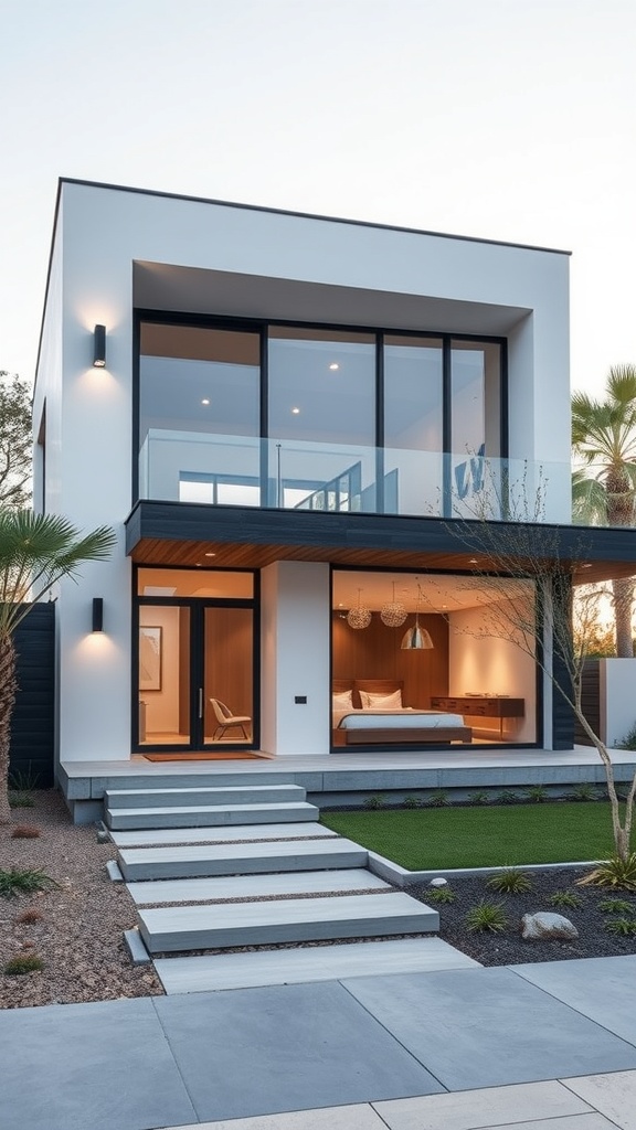 A modern home with a minimalist design featuring clean lines, large windows, and a well-kept lawn.