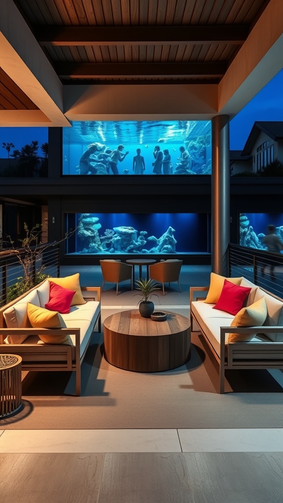 A sleek outdoor lounge area with comfortable seating and an aquarium backdrop.