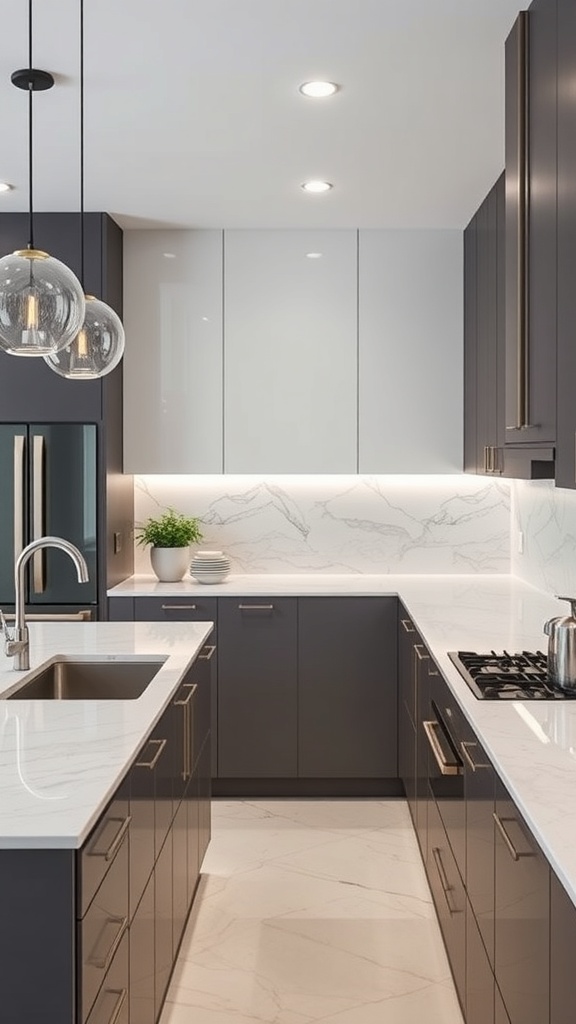 A modern kitchen featuring sleek quartz countertops and dark cabinetry.