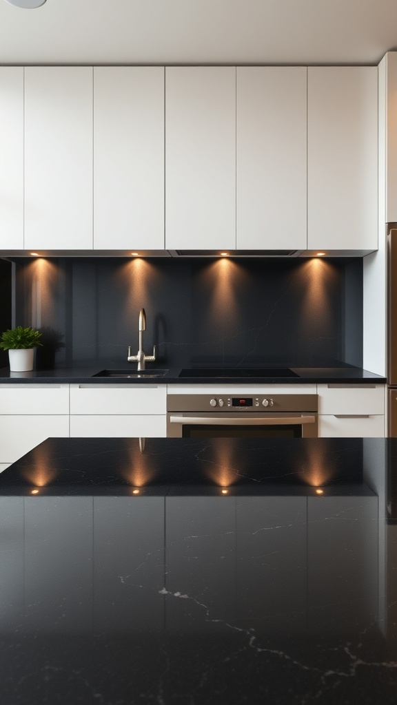 A sleek kitchen featuring black quartz countertops and modern white cabinetry.