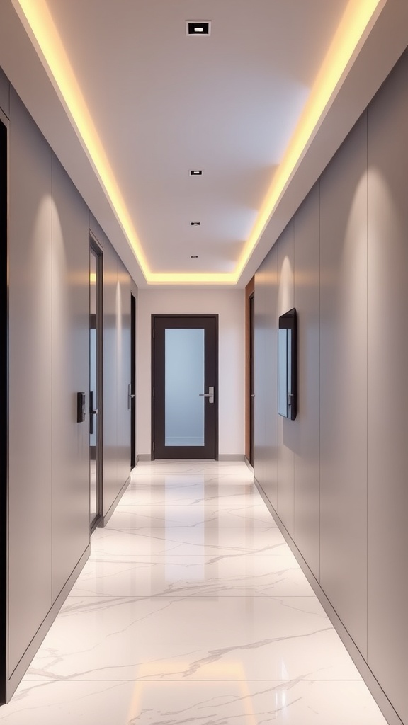 A modern hallway with sleek lighting and doors, showcasing a smart home entryway.