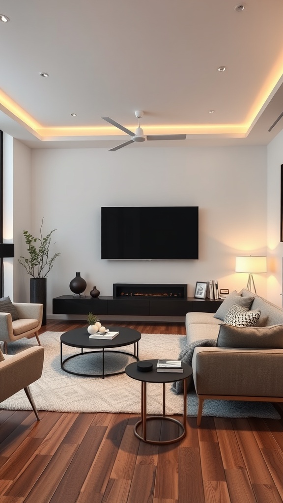 A modern living room featuring smart home technology with sleek furniture and ambient lighting.