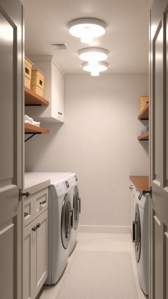 A small laundry room with bright ceiling lights and organized shelves.