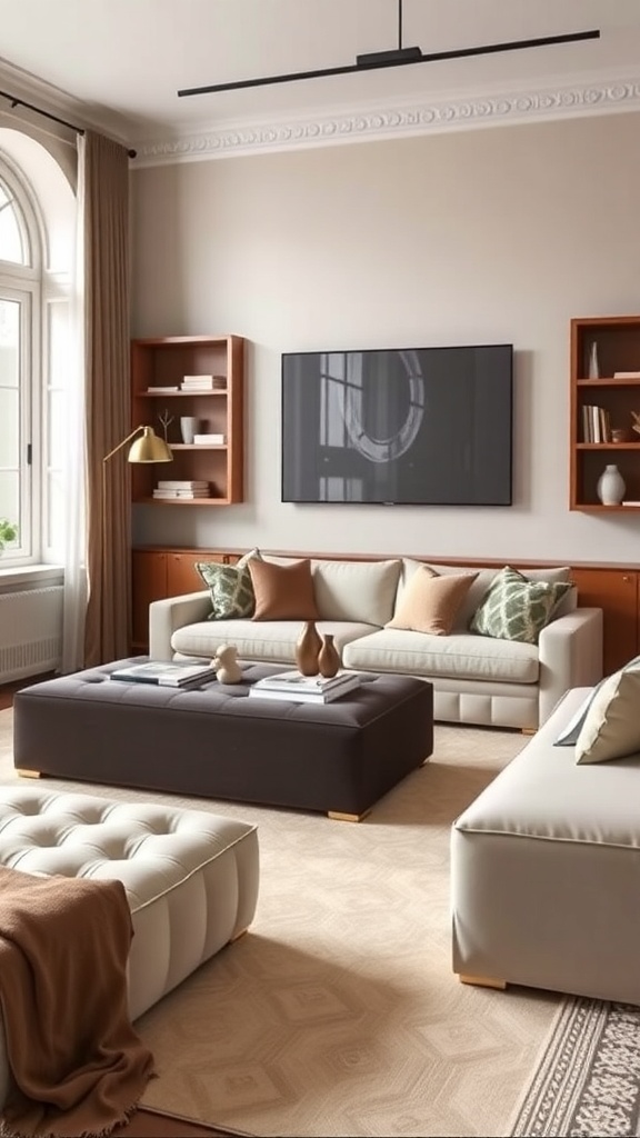 A modern living room featuring smart storage solutions with stylish shelves and multifunctional furniture.