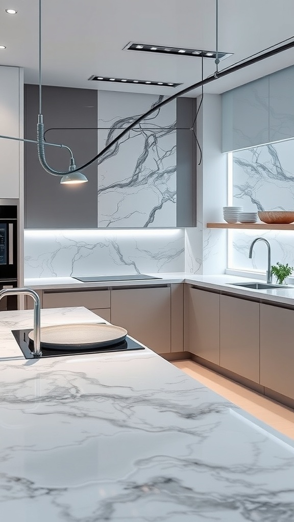 A modern kitchen with a stylish countertop featuring smart surface technology.