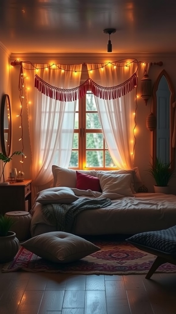 A cozy bedroom with soft lighting and fairy lights draped around the window.