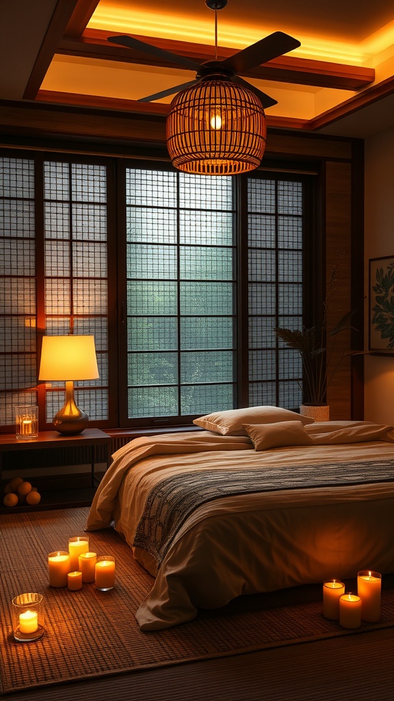 A cozy Japandi bedroom with soft lighting from a ceiling fixture and candles.