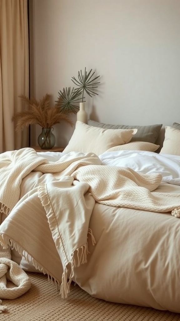 A cozy Japandi bedroom featuring soft textiles and fabrics.