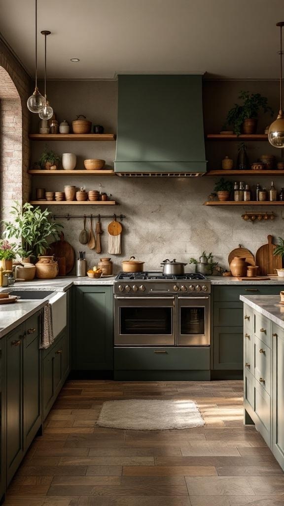 A cozy English style kitchen with earth tones, featuring a window with plants and a rustic feel.