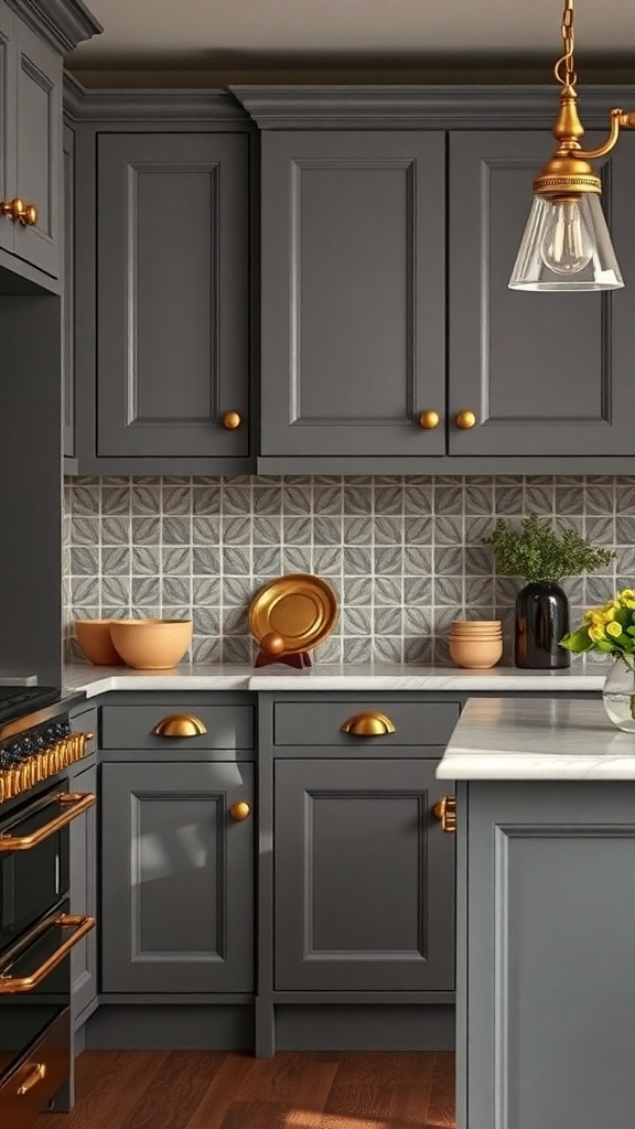A stylish kitchen featuring grey cabinets with gold hardware and a patterned backsplash.