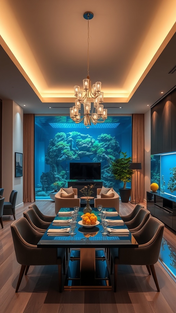 A modern dining area with a chandelier and a large aquarium in the background.