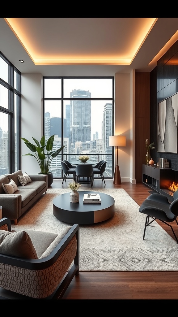 A sophisticated urban living room featuring modern furniture and large windows.