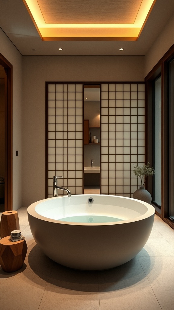 A modern spa-like bathroom featuring a round soaking tub, soft lighting, and natural decor.