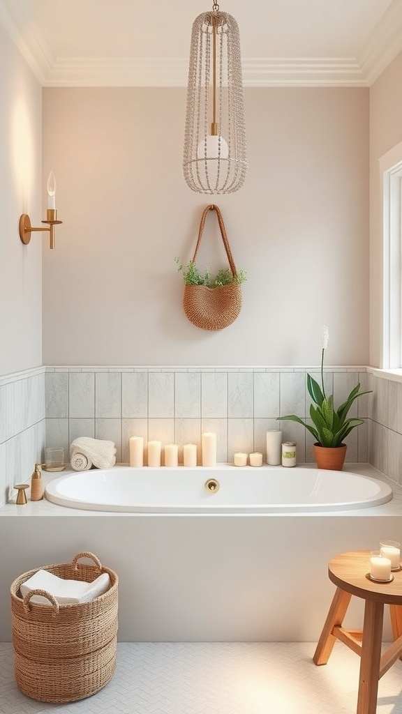 A serene bathroom with a bathtub, candles, plants, and soft lighting.