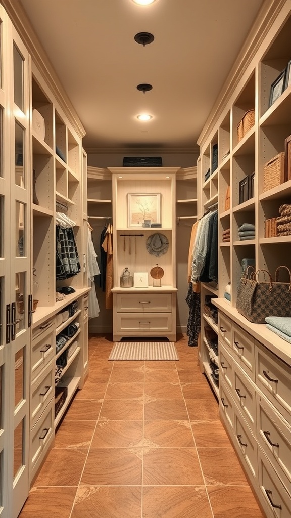 A spacious walk-in closet with shelves and drawers, featuring a warm color palette and organized clothing.