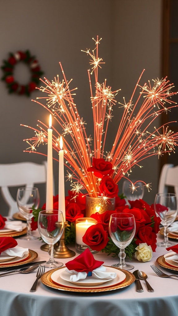 A festive table setting featuring a fireworks-themed centerpiece with red roses and candles.