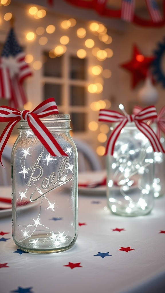 Mason jars filled with lights and decorated with red and white ribbons on a table with star patterns.