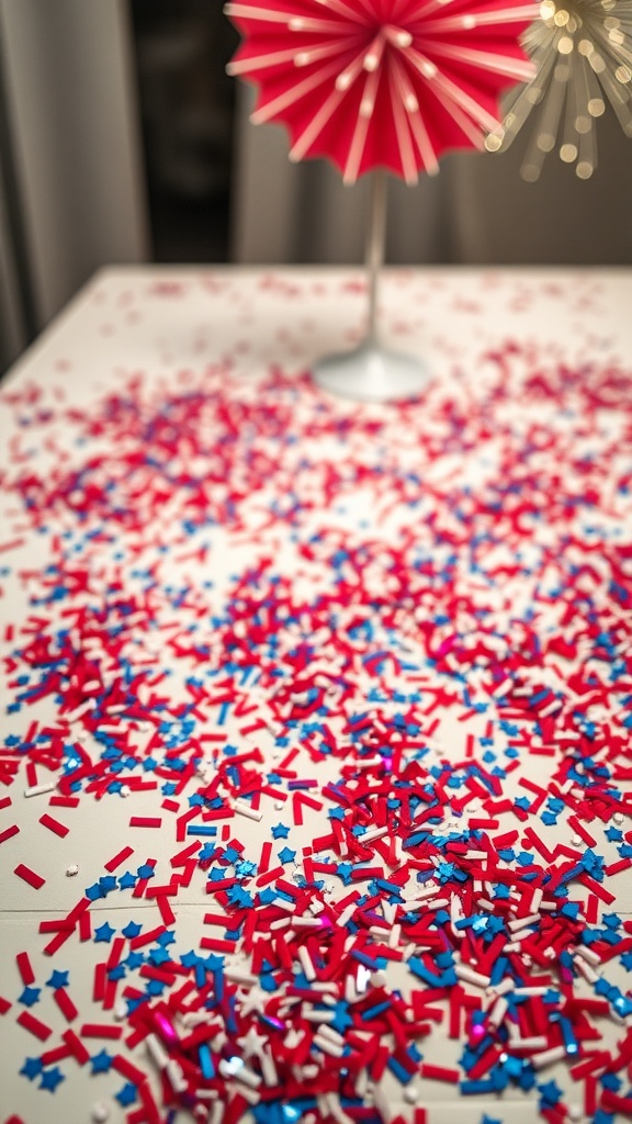 A table covered in red, white, and blue confetti with decorative elements.