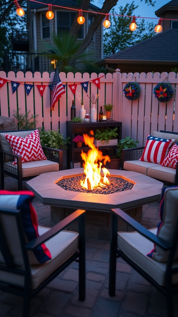 A cozy outdoor setup featuring a tabletop fire pit surrounded by chairs and patriotic decorations.