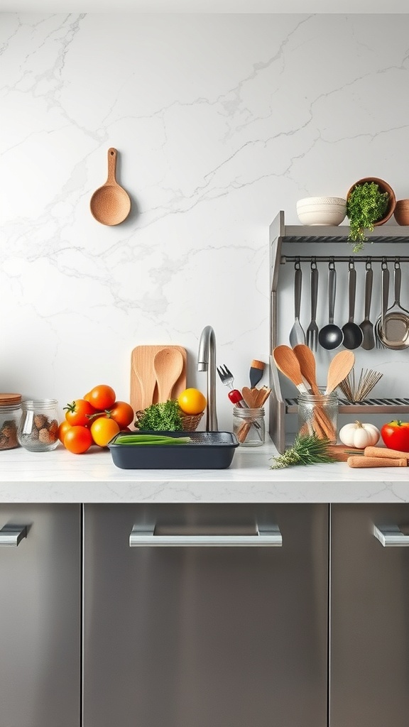 A modern kitchen with a stainless steel countertop, featuring culinary tools and fresh vegetables.