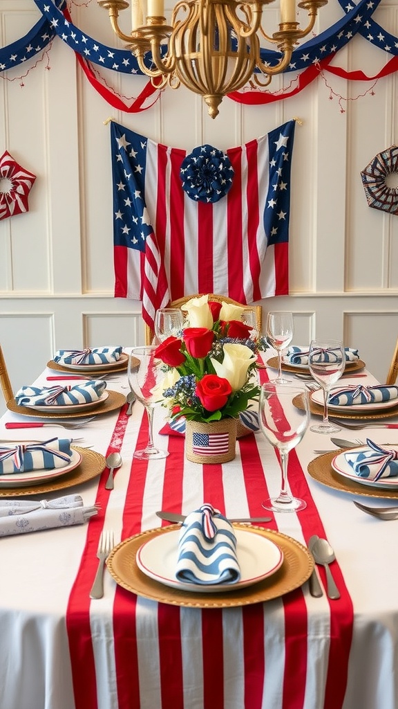 A festive Fourth of July tablescape featuring a red and white striped table runner, blue accents, and floral centerpieces.