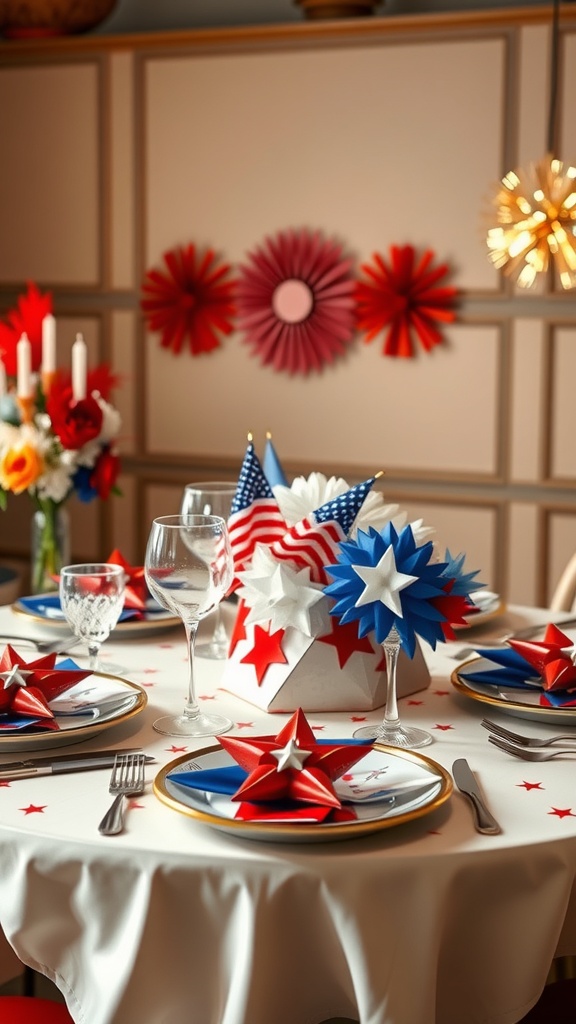 A festive 4th of July table setting with red, white, and blue decorations, featuring star-shaped napkin holders and a colorful centerpiece.