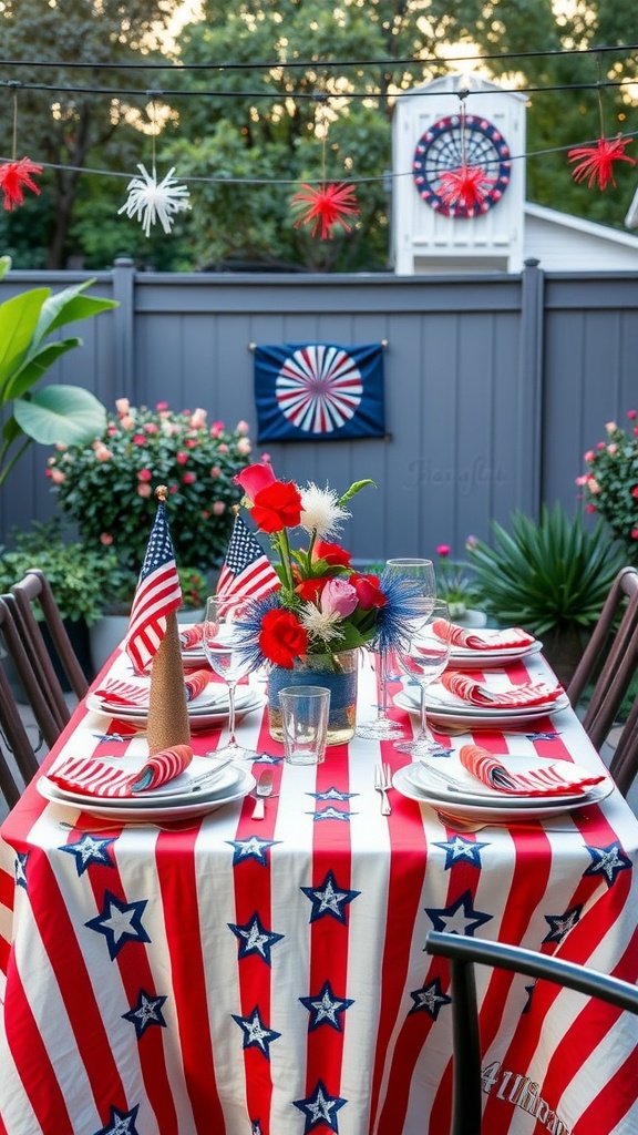 A beautifully decorated outdoor table for the 4th of July with a star-themed tablecloth, flowers, and flags.