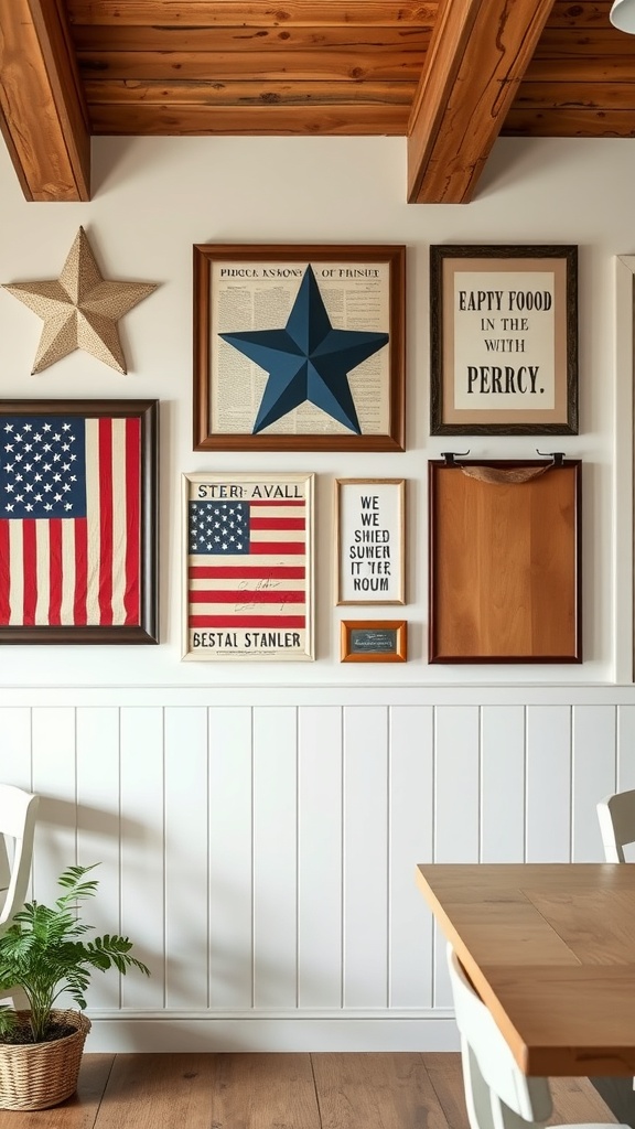 A wall featuring patriotic art, including a star and American flag, in a cozy farmhouse setting.