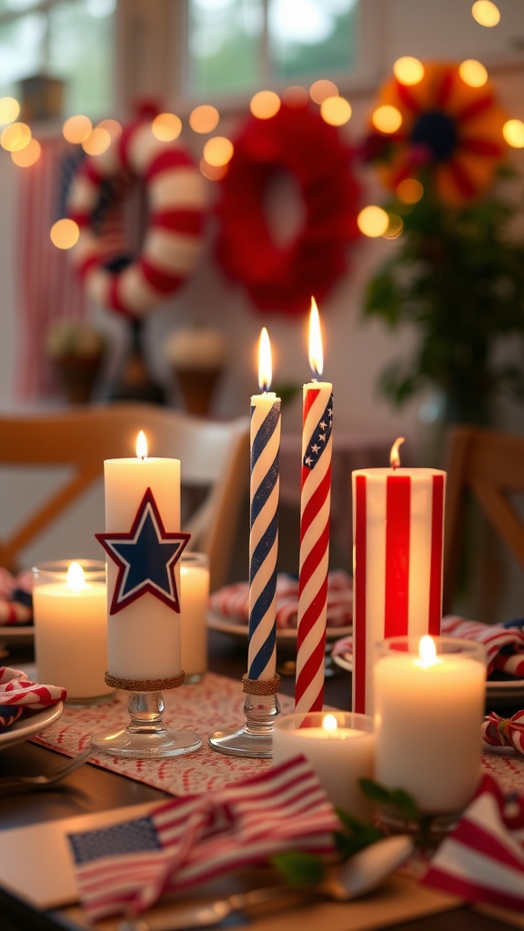 Decorative candles in star and stripe designs for 4th of July celebration.
