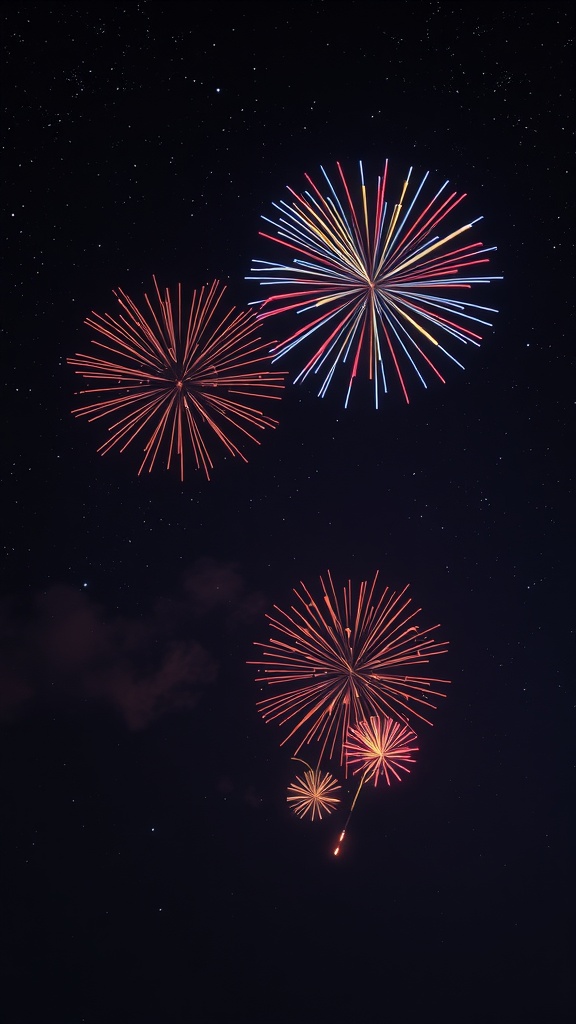 Fireworks bursting in a starry night sky.