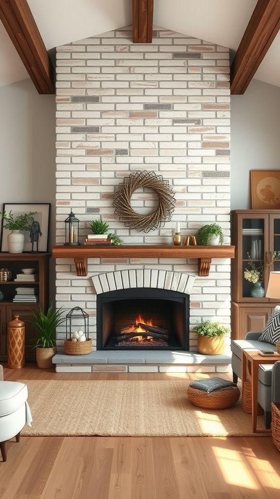 A cozy farmhouse living room featuring a stylish brick fireplace with wooden accents.