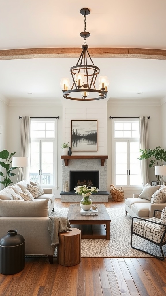 A contemporary farmhouse living room featuring a stylish chandelier, cozy seating, and a warm color palette.