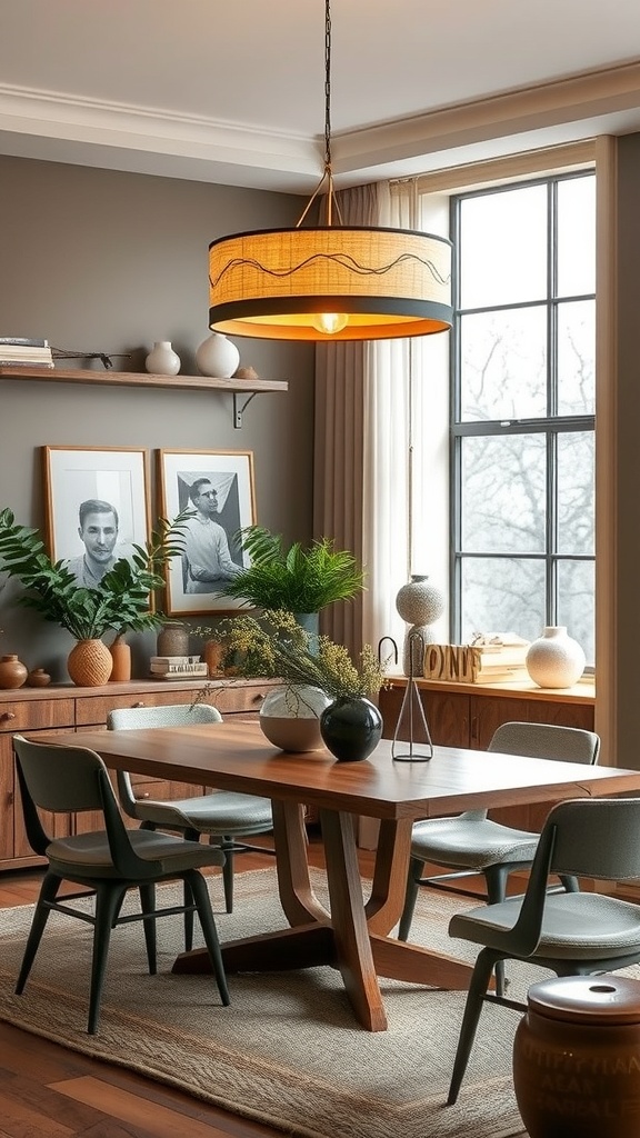 A modern dining area featuring a stylish pendant light, wooden dining table, and decorative plants.