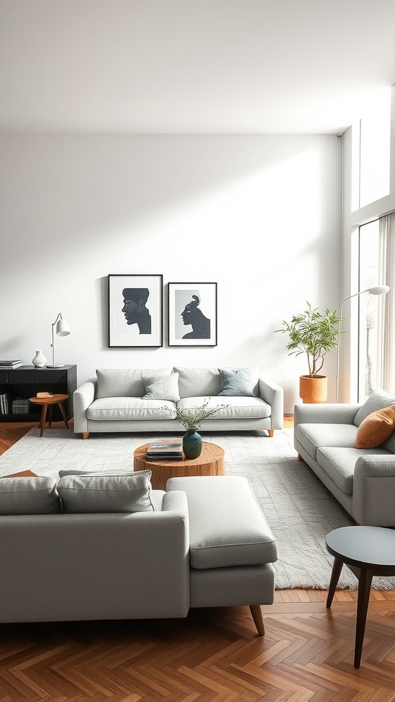 A stylish living room with light gray sofas, wooden accents, and framed art on the wall.