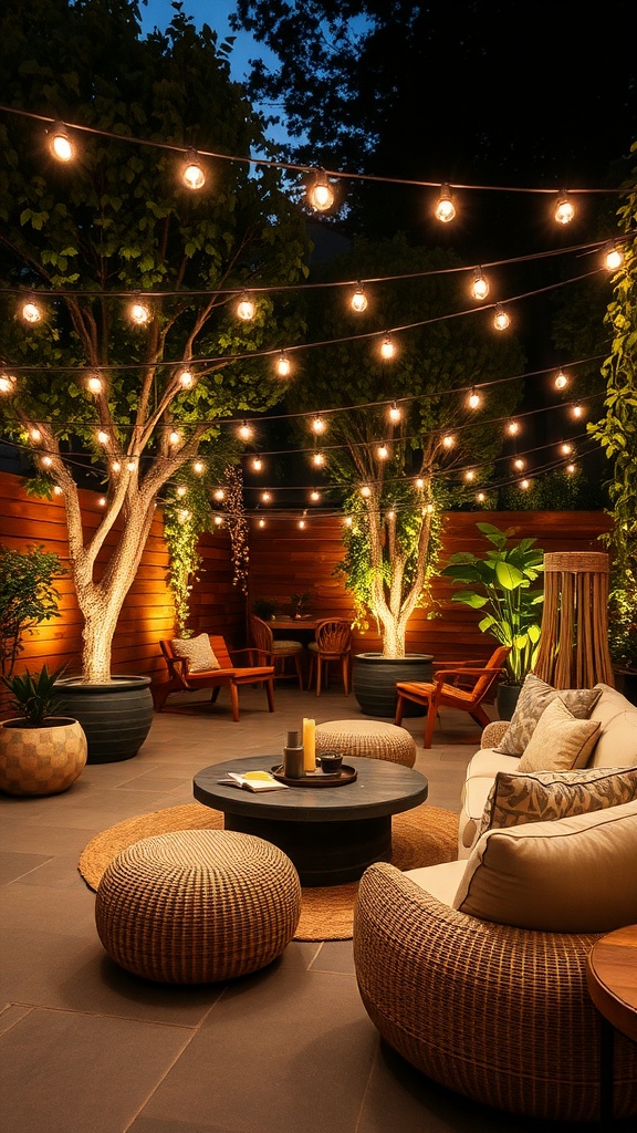Cozy outdoor lounge with string lights illuminating the space