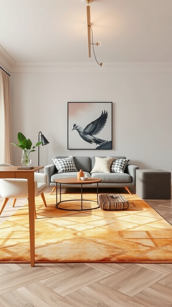A stylish living room featuring a vibrant orange area rug, modern furniture, and a decorative wall art.