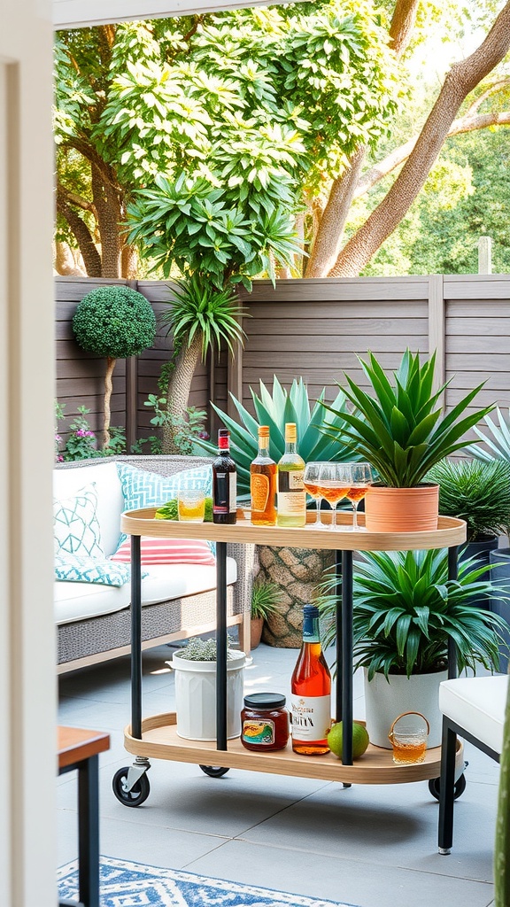 A stylish bar cart setup with drinks and plants in a courtyard lounge.