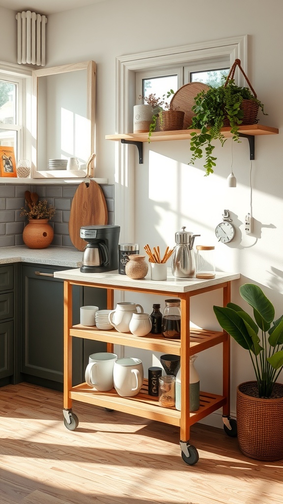 Stylish coffee cart on wheels with coffee maker and supplies in a bright kitchen