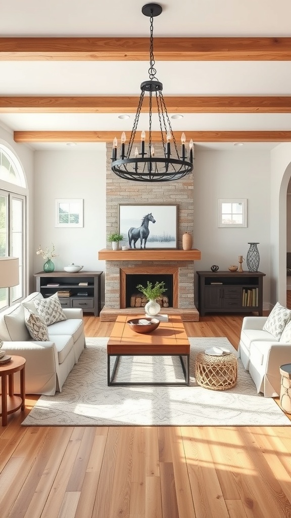 A stylish farmhouse living room featuring a chandelier, wooden beams, and a cozy atmosphere.