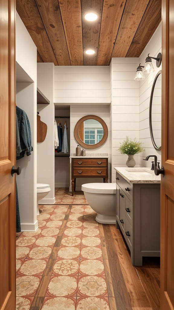 Stylish flooring in a farmhouse bathroom featuring wood and patterned tiles.