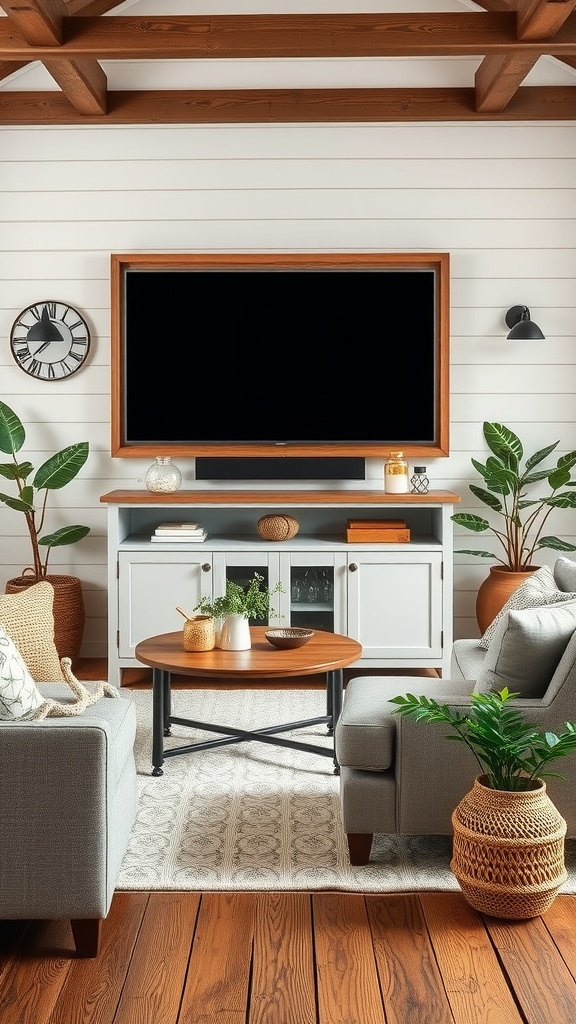 Cozy farmhouse living room with a stylish media center, featuring a wooden console, plants, and comfortable seating.