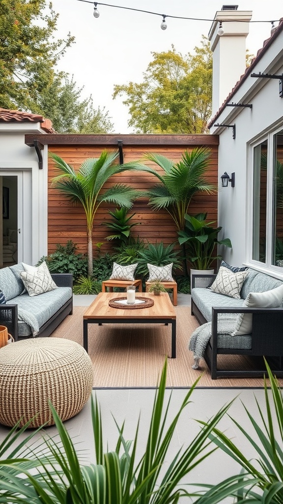 A cozy outdoor lounge area featuring a stylish coffee table surrounded by comfortable seating and greenery.
