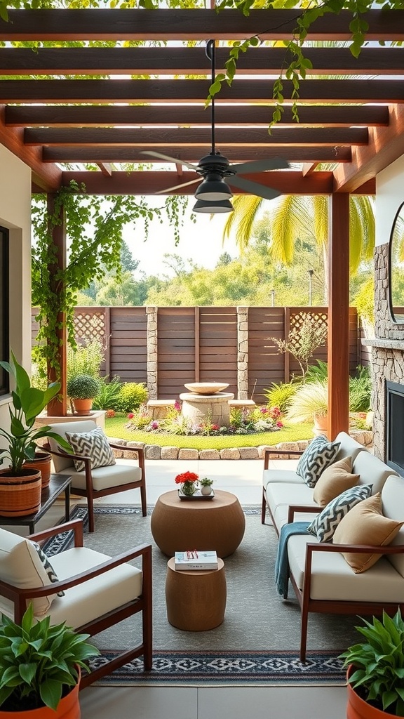 Stylish outdoor lounge area with comfortable seating and greenery