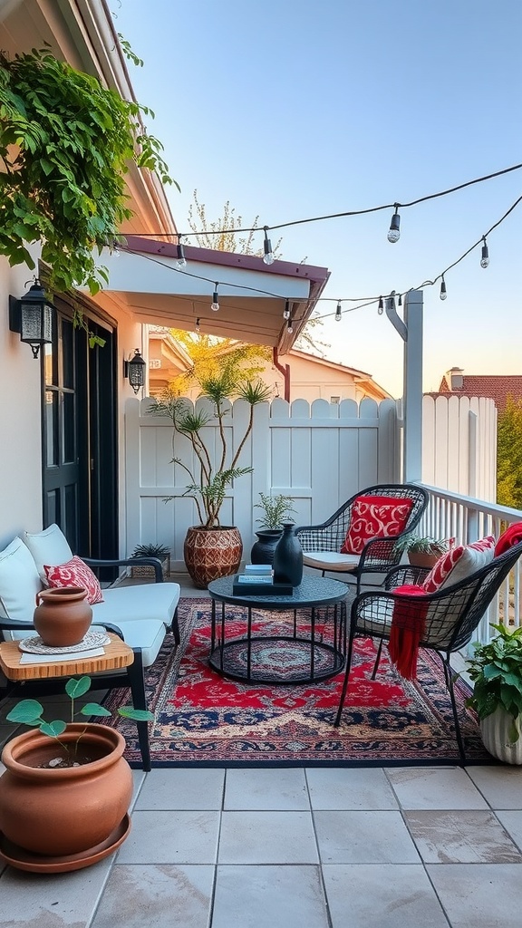 Cozy backyard patio with stylish outdoor rugs, seating, and greenery
