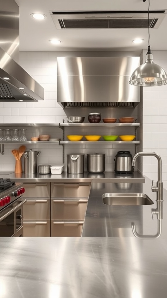 A modern kitchen featuring stylish stainless steel countertops.