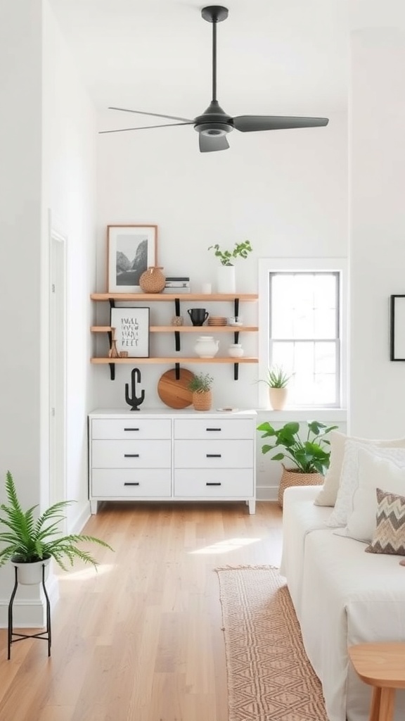 A stylish minimalist farmhouse living space featuring open shelving, a white dresser, and indoor plants.